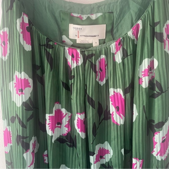 Anthropologie Mireille Green Pink Floral Print Pleated Midi Dress 37385 - Picture 6 of 11